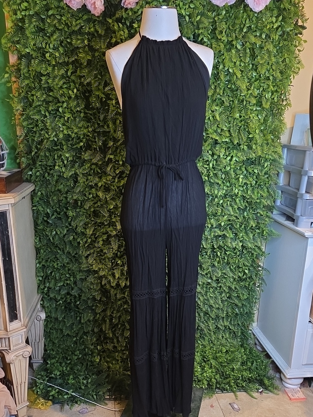 Chelsea & Violet Black Halter-Neck Wide Leg Jumpsuit with Drawstring
